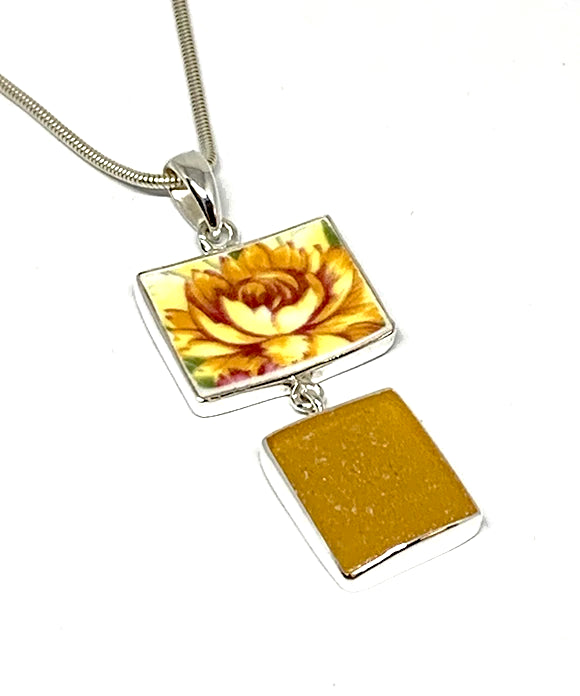 Yellow Flower Vintage Pottery and Amber Sea Glass Double Pendant