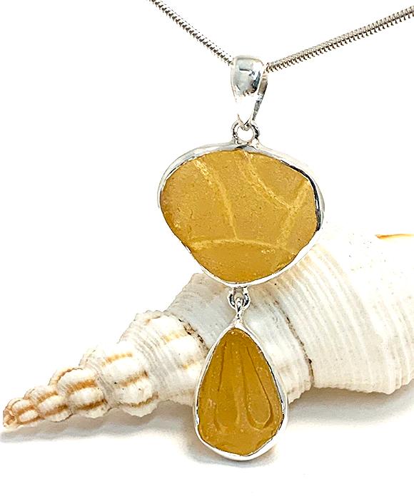 Textured Amber Sea Glass Double Pendant