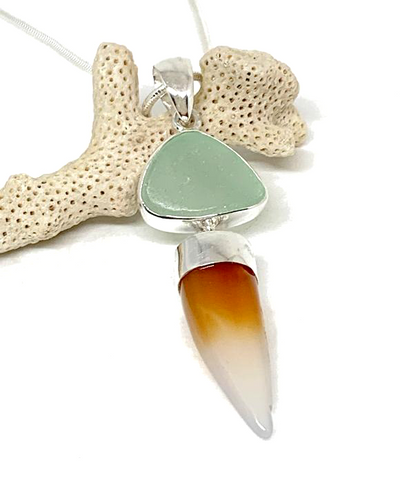 Coke Bottle Blue Sea Glass with Agate Claw Stacked Double Pendant