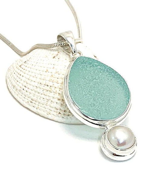 Soft Aqua Blue Sea Glass Pendant with Pearl and Heavy Rim on Silver Chain