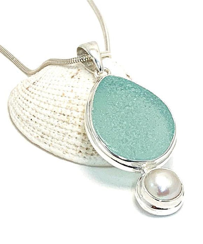 Soft Aqua Blue Sea Glass Pendant with Pearl and Heavy Rim on Silver Chain