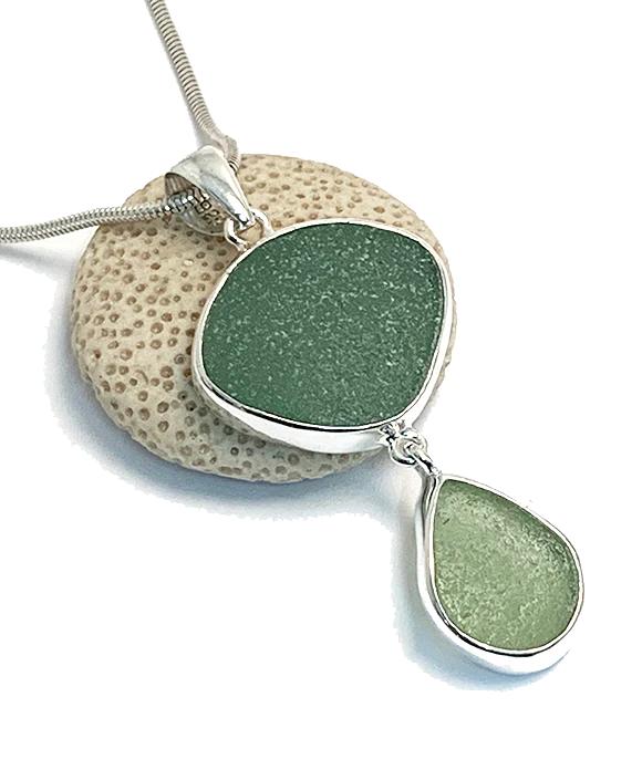 Shades of Sage Green Sea Glass Double Pendant