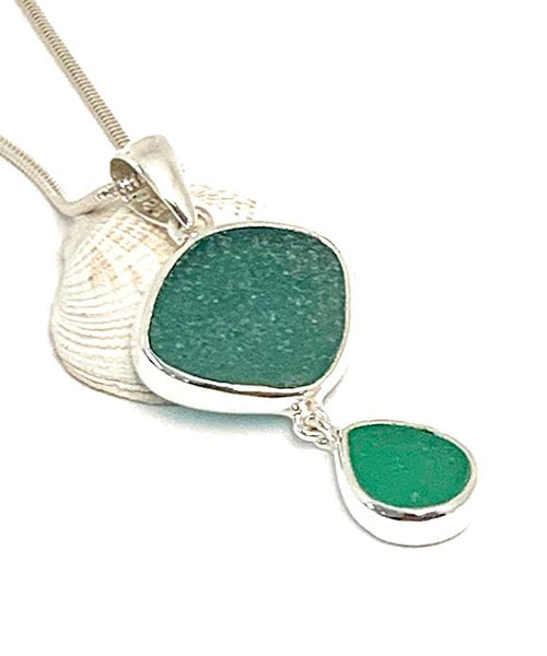 Jade and Bright Green Sea Glass Double Pendant