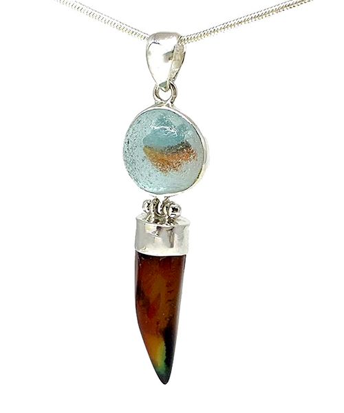 Sea Glass Marble with Agate Claw Stacked Double Pendant