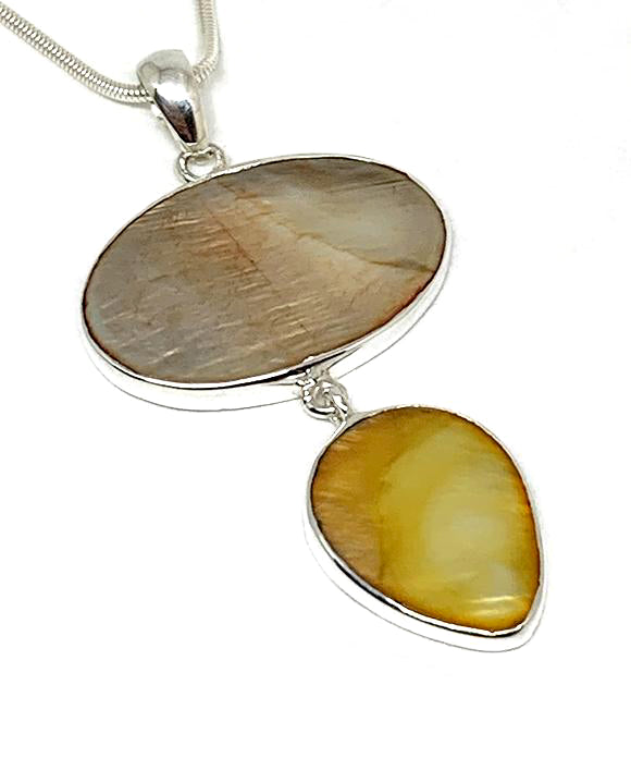 Light Brown & Gold Mother Of Pearl Double Drop Pendant on Sterling Chain