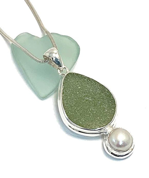 Light Olive Sea Glass Pendant with Pearl and Heavy Rim on Silver Chain