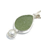 Light Olive Sea Glass Pendant with Pearl and Heavy Rim on Silver Chain