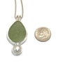 Light Olive Sea Glass Pendant with Pearl and Heavy Rim on Silver Chain