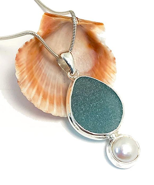 Teal Sea Glass Pendant with Pearl and Heavy Rim on Silver Chain