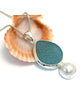 Teal Sea Glass Pendant with Pearl and Heavy Rim on Silver Chain