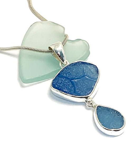 Textured Blue Sea Glass Double Pendant