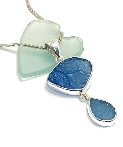Textured Blue Sea Glass Double Pendant