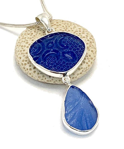 Textured Cobalt and Blue Sea Glass Double Pendant