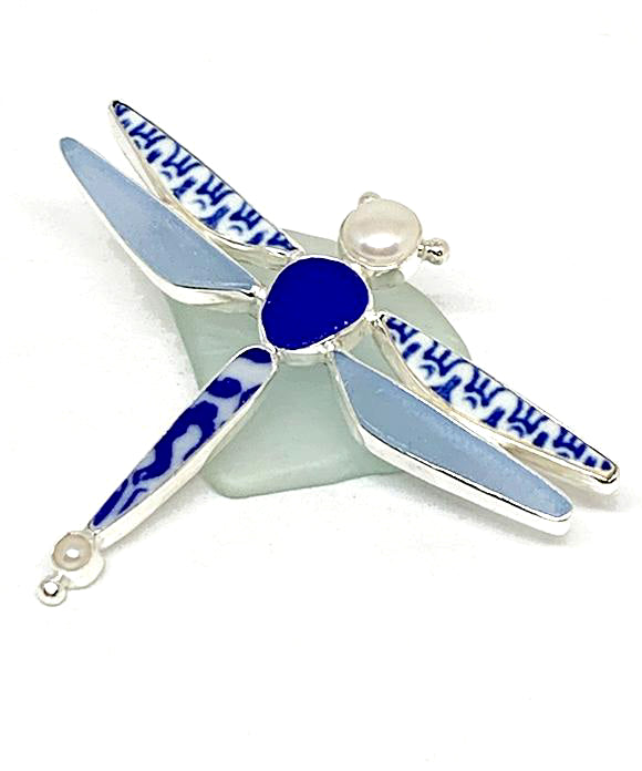 Dragonfly Pin with Light Blue & Cobalt Sea Glass and Blue and White Vintage Pottery