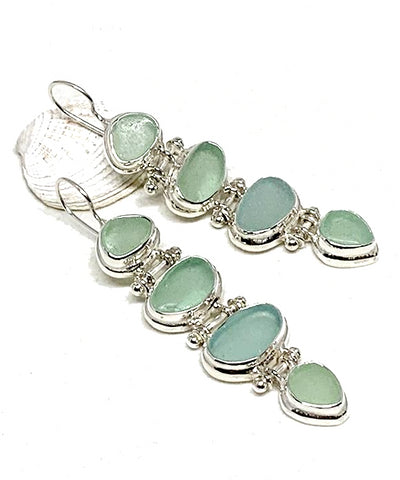 4 PIece Stacked Aqua Sea Glass Barbell Connection Earrings