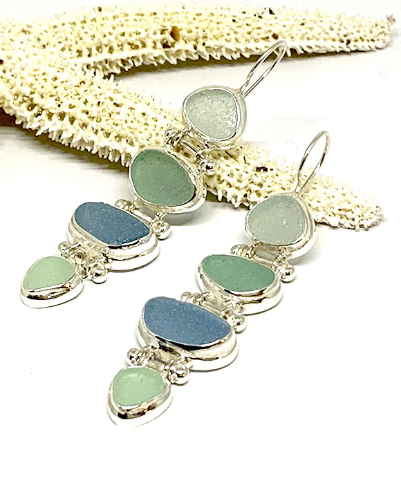 Four Piece Stacked Aqua Sea Glass Barbell Connection Earrings