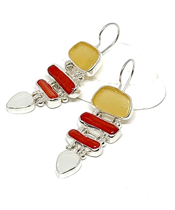 Amber & Clear Sea Glass with Red Coral Stacked Earrings