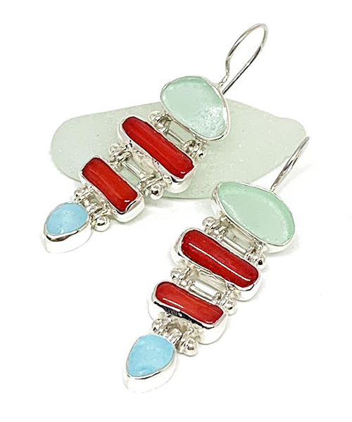 Coke Bottle Blue & Bright Aqua Sea Glass with Red Coral Stacked Earrings