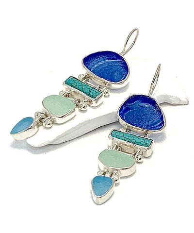 Textured Blue, Coke Bottle Blue and Aqua Sea Glass & Turquoise Stacked Earrings