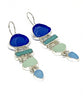 Textured Blue, Coke & Aqua Sea Glass with Turquoise Stacked Earrings