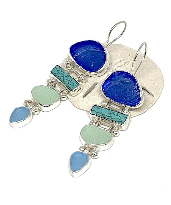 Textured Blue, Coke & Aqua Sea Glass with Turquoise Stacked Earrings