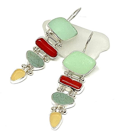 Jadite, Red Coral, Blue Sea Pottery and Amber Sea Glass Stacked Earrings
