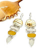 Textured Natural Pottery, White Coral and Amber & Clear Sea Glass Stacked Earrings