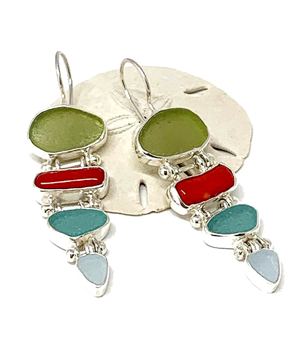 Light Olive, Aqua & Soft Blue Sea Glass with Red Coral Stacked Earrings