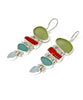Light Olive, Aqua & Soft Blue Sea Glass with Red Coral Stacked Earrings