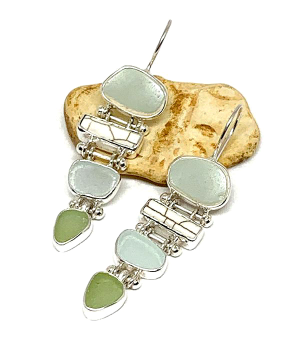 Sage Sea Pottery, Soft Blue & Light Olive Sea Glass with White Coral Stacked Earrings