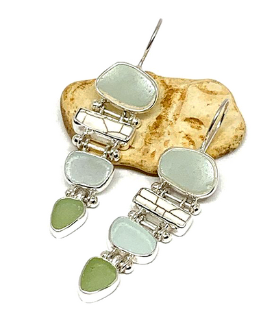 Sage Sea Pottery, Soft Blue & Light Olive Sea Glass with White Coral Stacked Earrings
