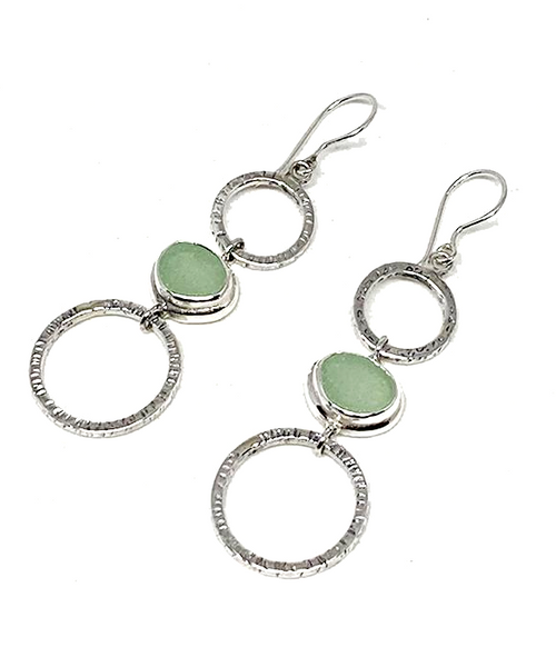 Coke Bottle Blue Sea Glass Triple Drop Hoop Earrings