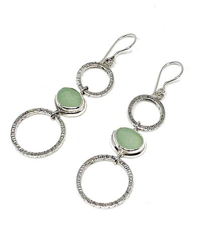 Coke Bottle Blue Sea Glass Triple Drop Hoop Earrings