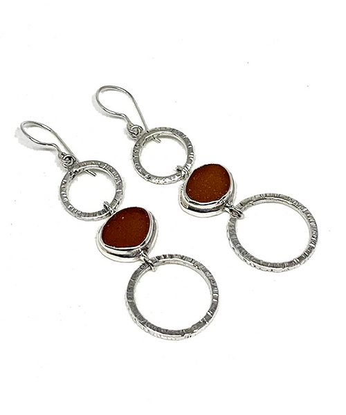 Brown Sea Glass Triple Drop Hoop Earrings