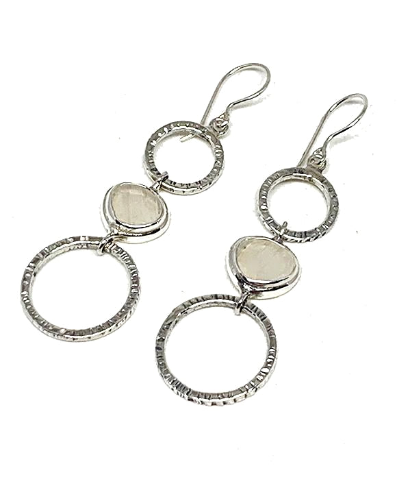 Textured Clear Sea Glass Triple Drop Hoop Earrings
