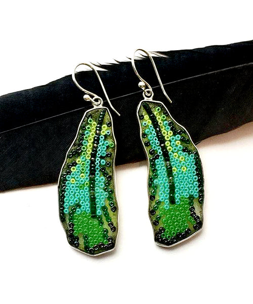 Green and Turquoise Beaded Fused Glass Feather Earrings