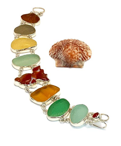 Earth Tone Sea Glass with Agate Koi Double Link Bracelet - 8