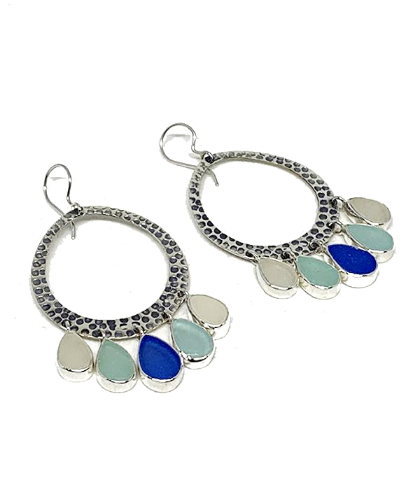 Five Drop Cobalt, Aqua & Clear Sea Glass Hoop Earrings