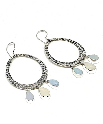 Triple Drop Light Blue and Clear Sea Glass Hoop Earrings