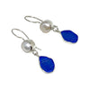 Textured Shard Shape Blue Sea Glass with Pearl Earrings Double Drop Earrings