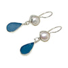 Dark Teal Blue Sea Glass with Pearl Earrings Double Drop Earrings