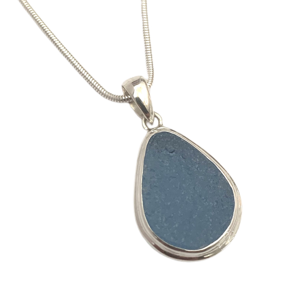 Corn Flower Blue Sea Glass Pendant with Heavy Rim on Silver Chain