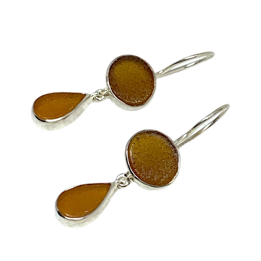 Brown and Dark Amber Sea Glass Double Drop Earrings