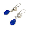 Textured Shard Shape Blue Sea Glass with Pearl Earrings Double Drop Earrings