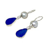 Natural Shape Textured Blue Sea Glass with Pearl Earrings Double Drop Earrings