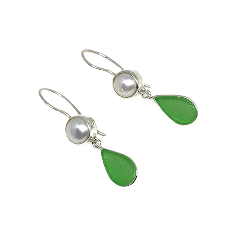 Lime Green Sea Glass with Pearl Earrings Double Drop Earrings