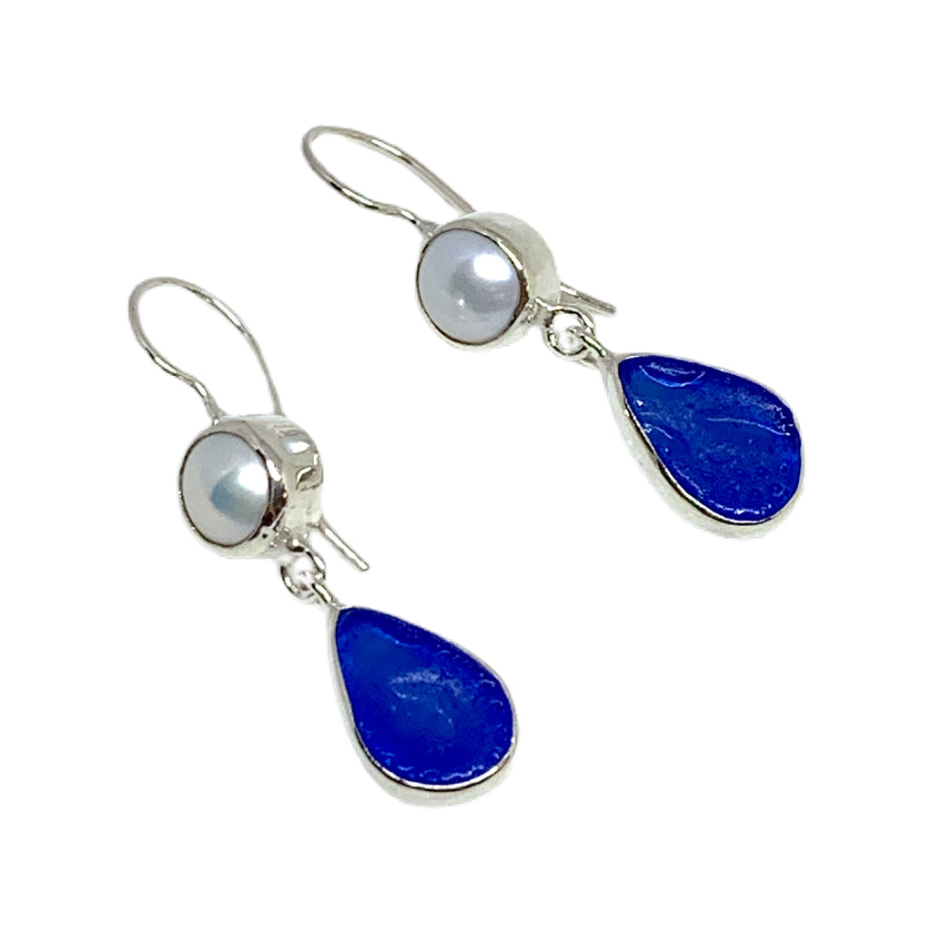 Natural Shape Textured Blue Sea Glass with Pearl Earrings Double Drop Earrings