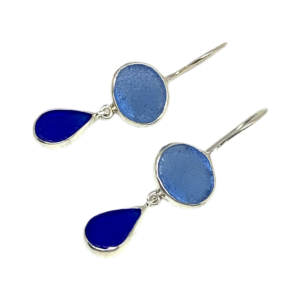 Blue with Cobalt Sea Glass Double Drop Earrings