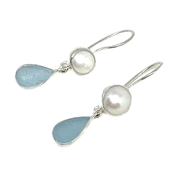 Aqua Sea Glass with Pearl Earrings Double Drop Earrings