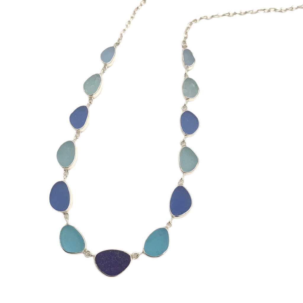 Soft Blue, Aqua and Dark Cobalt Blue Graduating 15 Piece Sea Glass Necklace